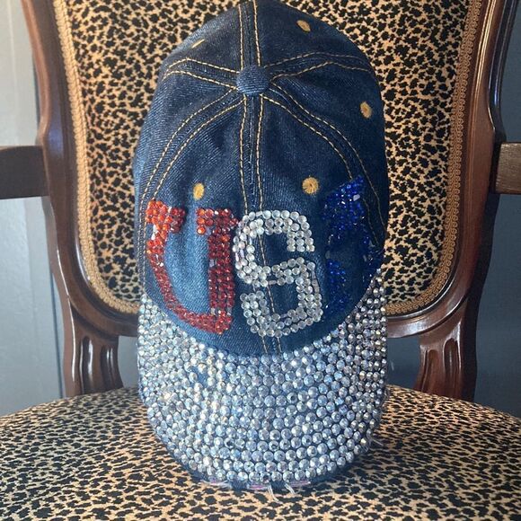 Unbranded USA distressed bling denim hat with adjustable strap NWOT - Picture 1 of 8